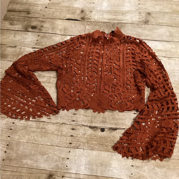 Windsor Tops - Windsor Rust Lace Crop Top Size M | Long Sleeve High Neck Boho Floral